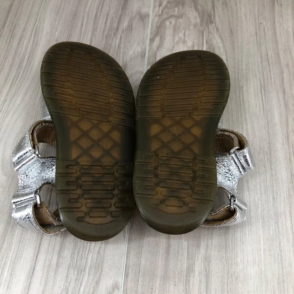 Dr Martens Sandals Kids 13 Romi J Silver Crinkle Metallic Leather Hook and Loop